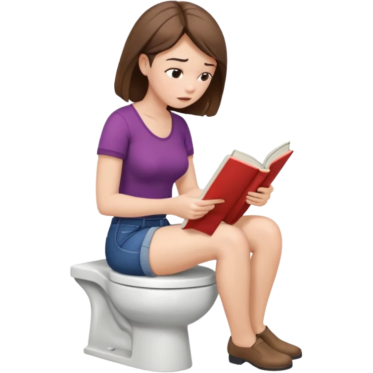 A woman is sitting on the toilet, her pants are pulled down and she it reading a book. She is struggling because she tries to poop. Side view emoji