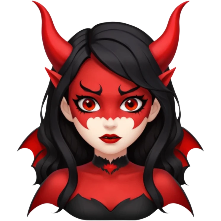 demon girl, skin red , black long hair, small horns, bat wing, black open-back dress, bold black outlines, red+black palette emoji