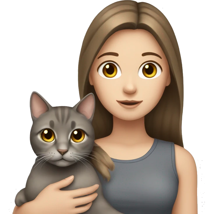 White girl brown hair holding grey cat emoji