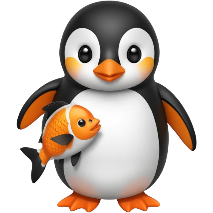 A cute penguin doll holding an orange fish. emoji
