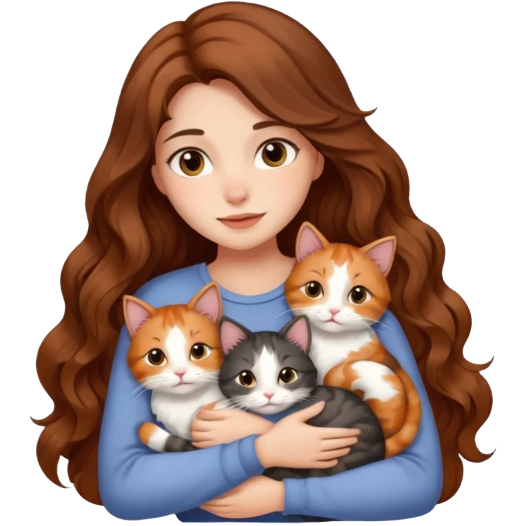 pretty girl with long wavy brown hair snuggling 6 cats emoji