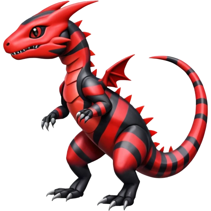 Cute Shiny striped black and red iridescent Guilmon-Salandit-Fakémon-hybrid-creature (full body)  emoji