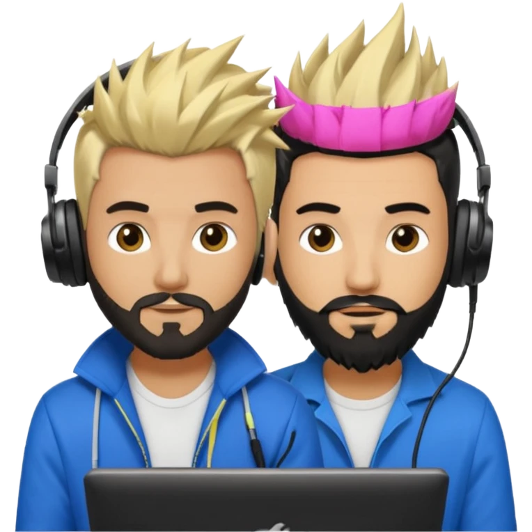 Two male dj’s, one with a long spiky Blonde hair, the second one black short hair and black beard emoji