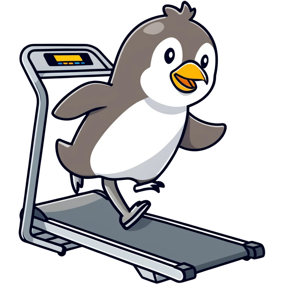 Penguin running on treadmill exhausted emoji
