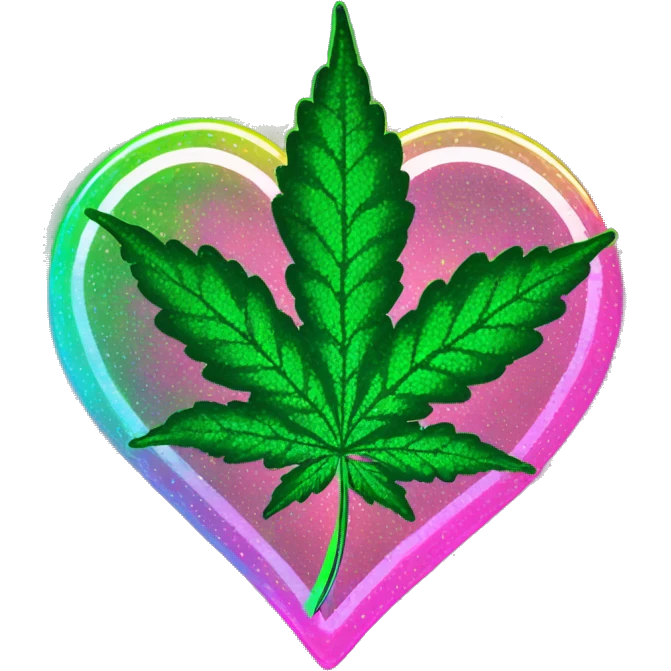Sparkling 420 leaf hemp leaf inside a holographic neon graffiti pixel heart emoji