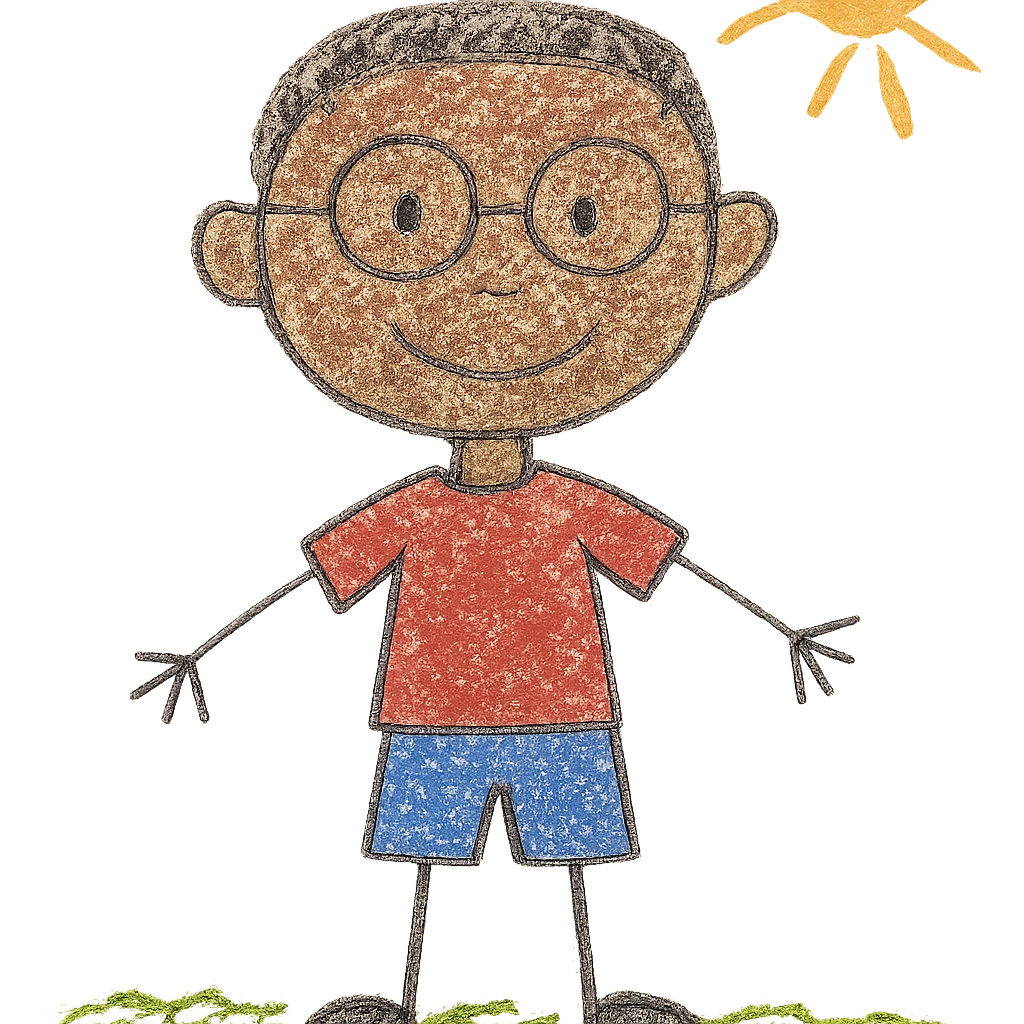 10 year old boy, brown skin, wearing glasses, short hair, children's drawing style emoji
