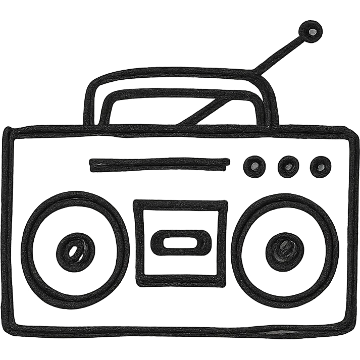 Boombox icon, hand drawn, black outlines, no fill, simple and clean, side view emoji