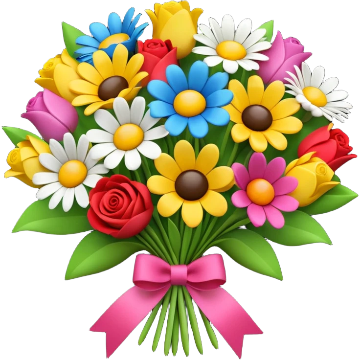 Apple-style 3D emoji of a colorful flower bouquet, tied together with a small ribbon, different bright flowers like roses, tulips and daisies, cheerful and elegant design, no background emoji