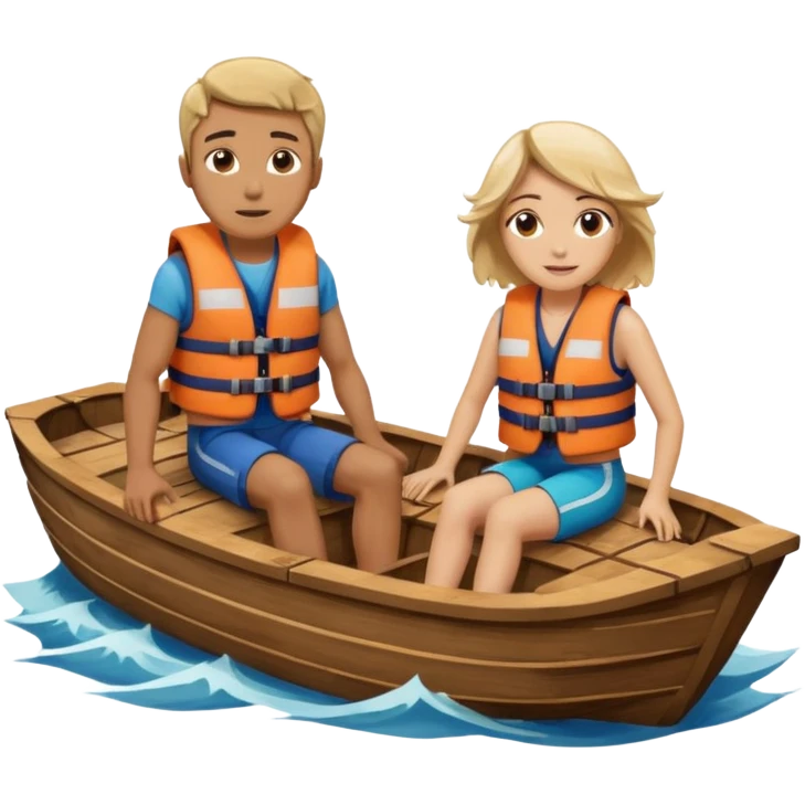 a wood boat upside down, with 2 people sitting on top trying to stay afloat. emoji
