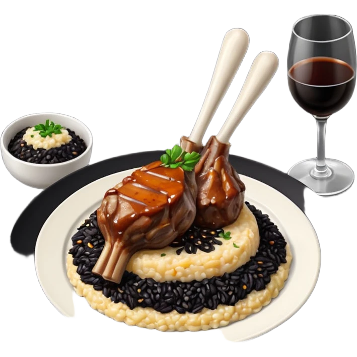 Lamb Shanks with Risotto Nero on a black plate emoji