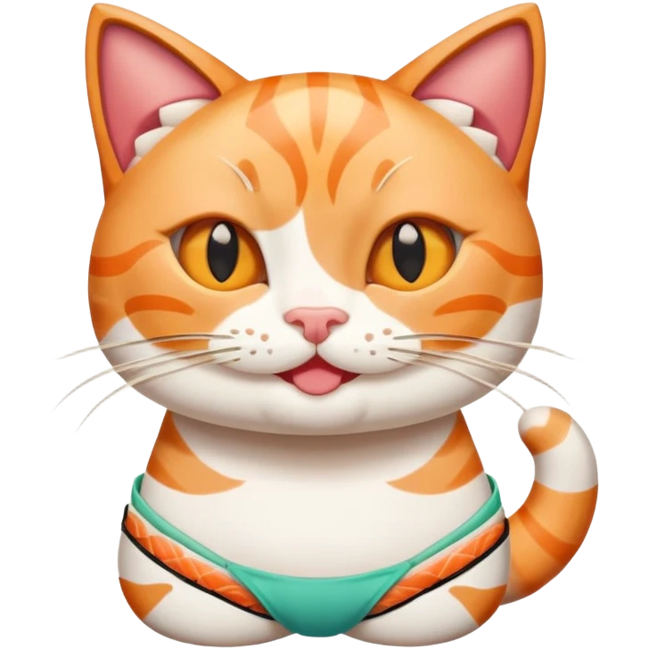 happy cat wearing a bikini made out of sushi emoji