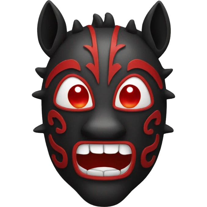Black tribal mask of a smiling horse with red eyes in front emoji