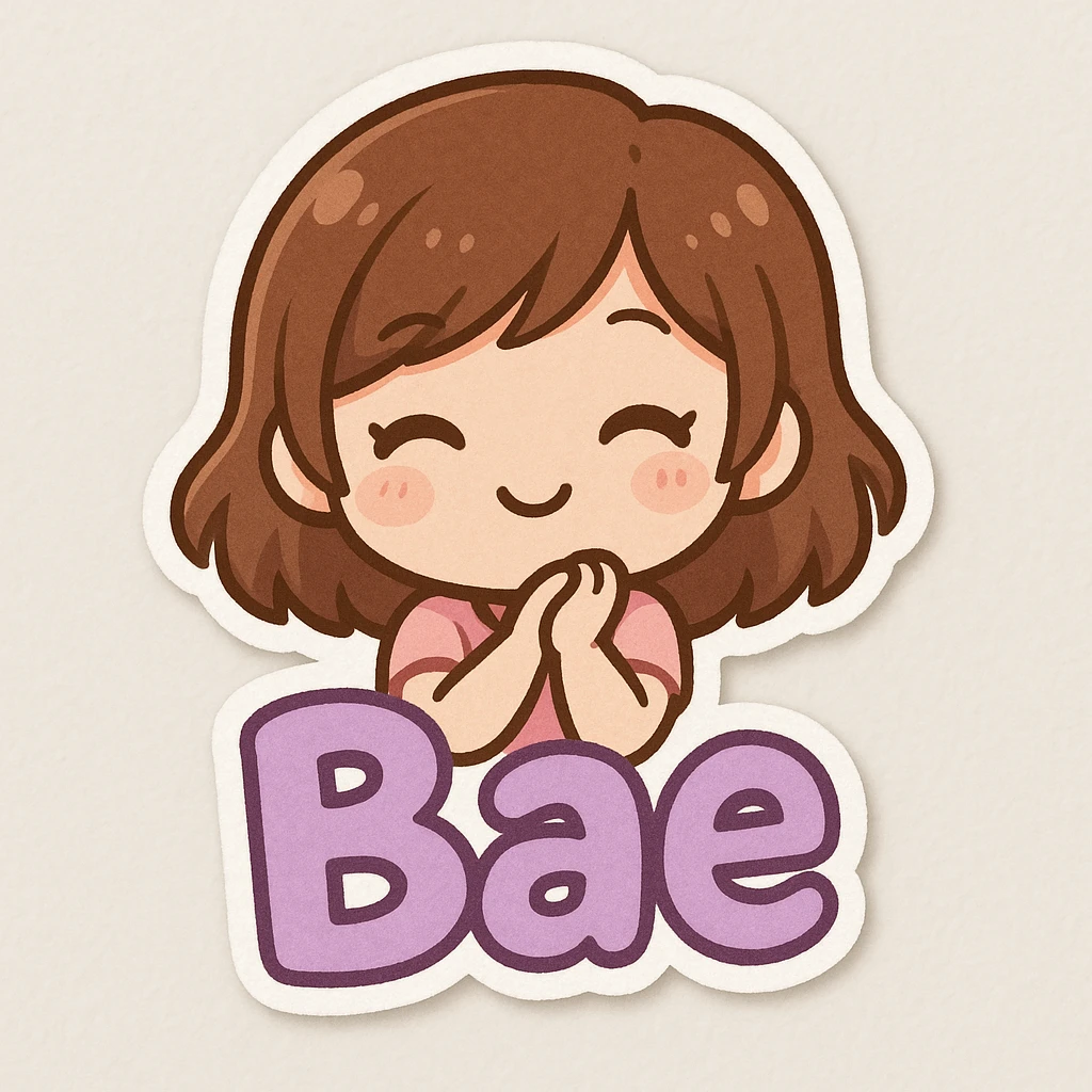 chibi sticker with the word 'Bae' in cute, playful purple text emoji