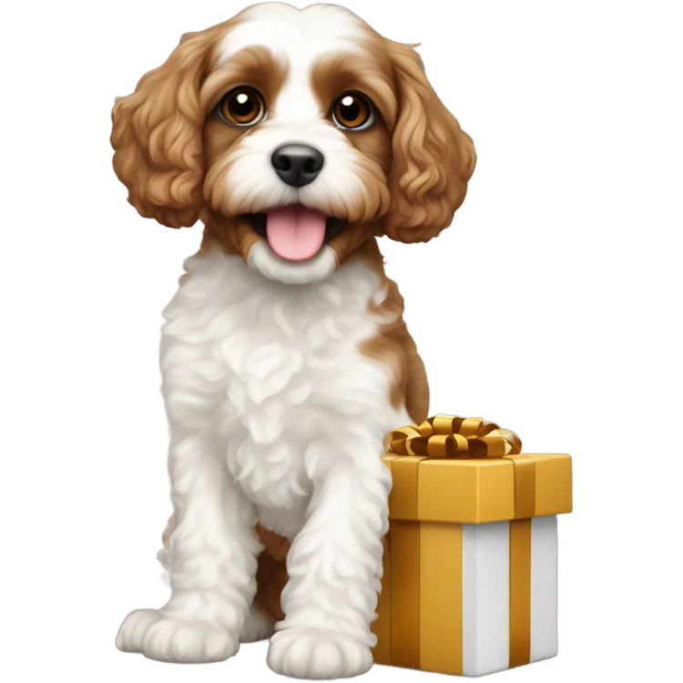 Brown and white cavapoo and new year gift box emoji