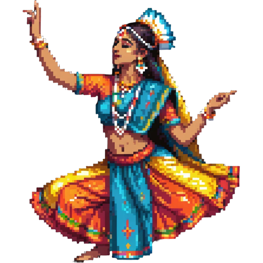 Indian dancer with expressive hand gestures, bright costume emoji