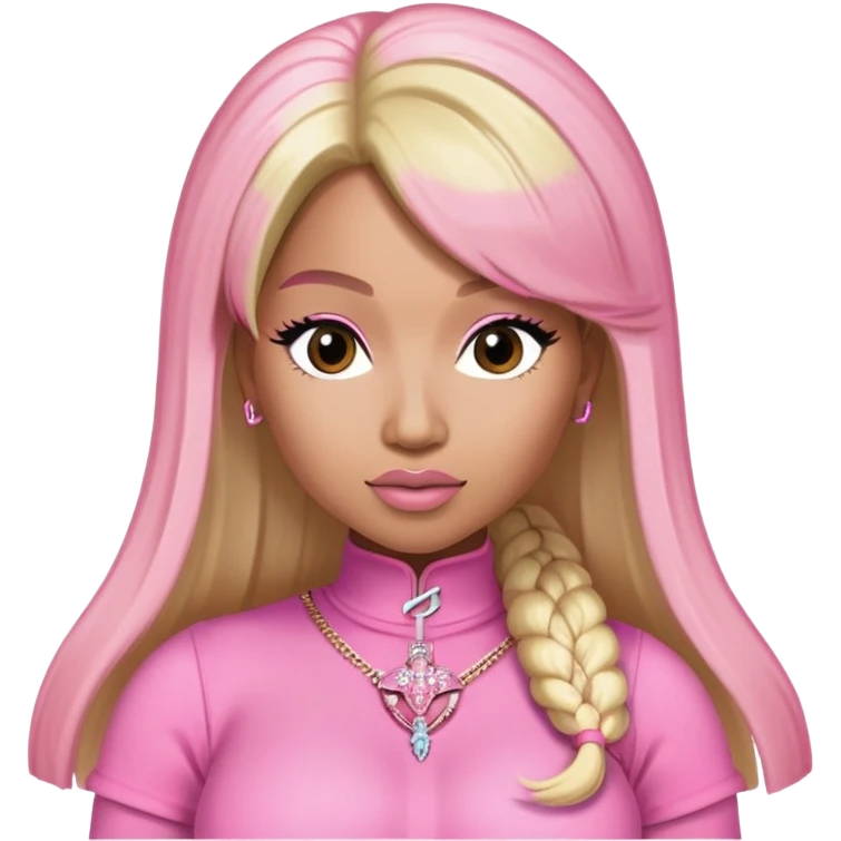 Nicki Minaj wearing a pink outfit with hair that is half blonde and half pink emoji