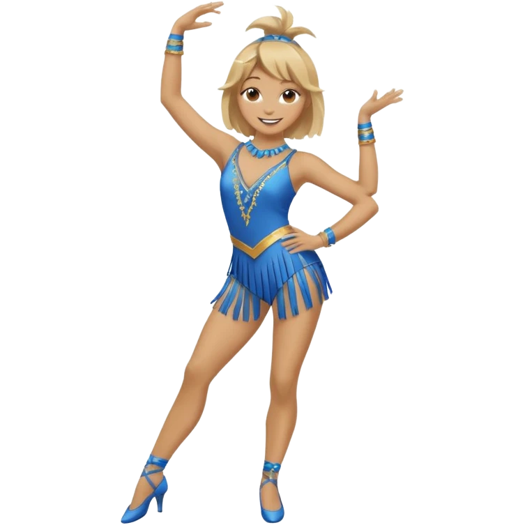 blue jazz style dance costume with tassels on dirty blonde full body emoji