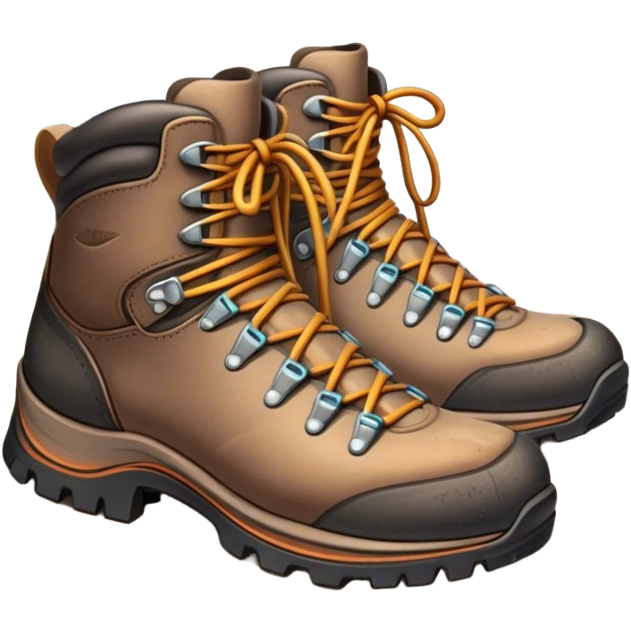 Cinematic Realistic Hiking Boots, well-worn leather boots resting on a rocky trail, scuffed edges and dirt-speckled laces adding character, glowing softly under the dappled sunlight filtering through the trees. emoji