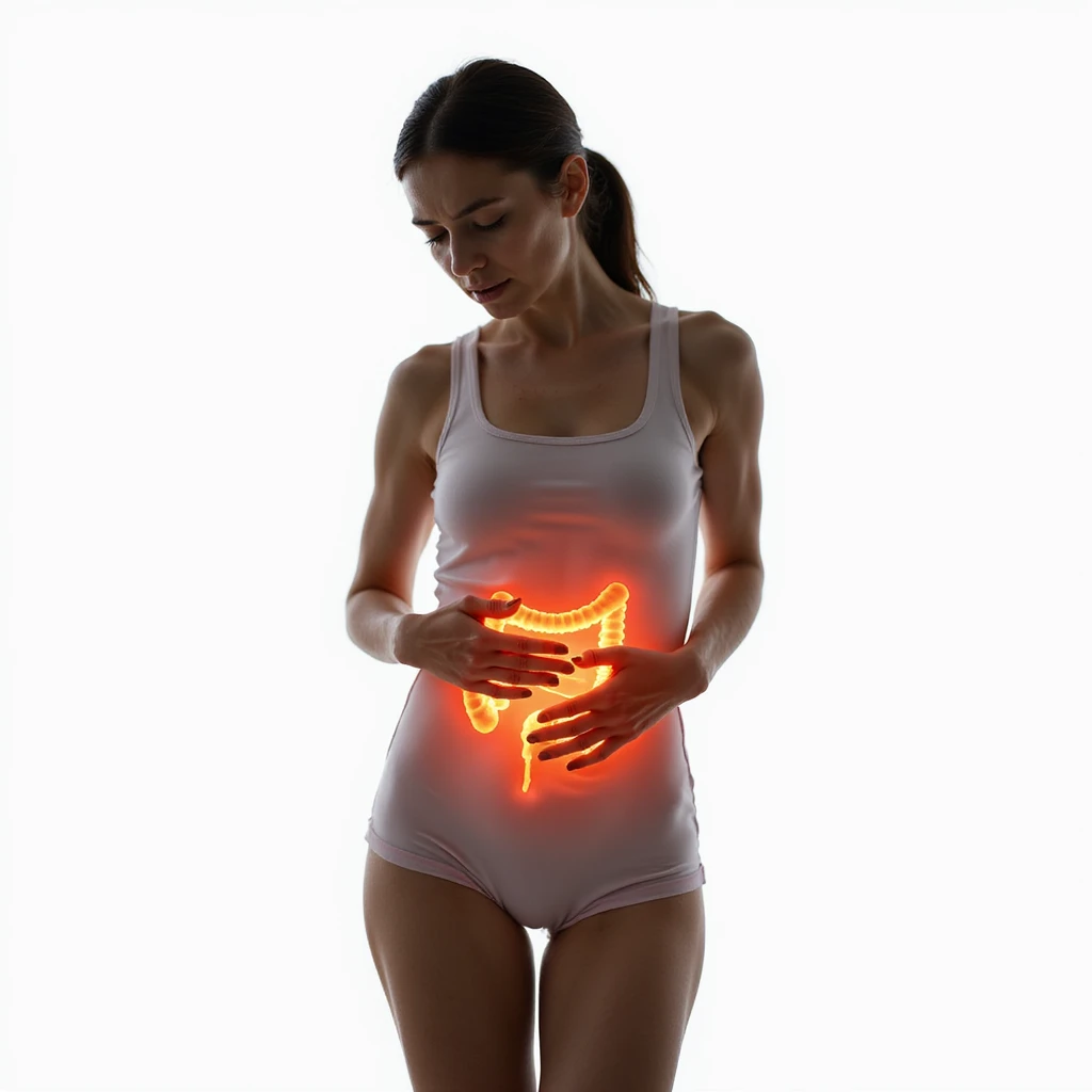 standing woman with suffering face, hands on abdomen, intestinal area highlighted with red or orange halo, hyperrealistic 4K details, vertical 9:16 format, isolated white background emoji
