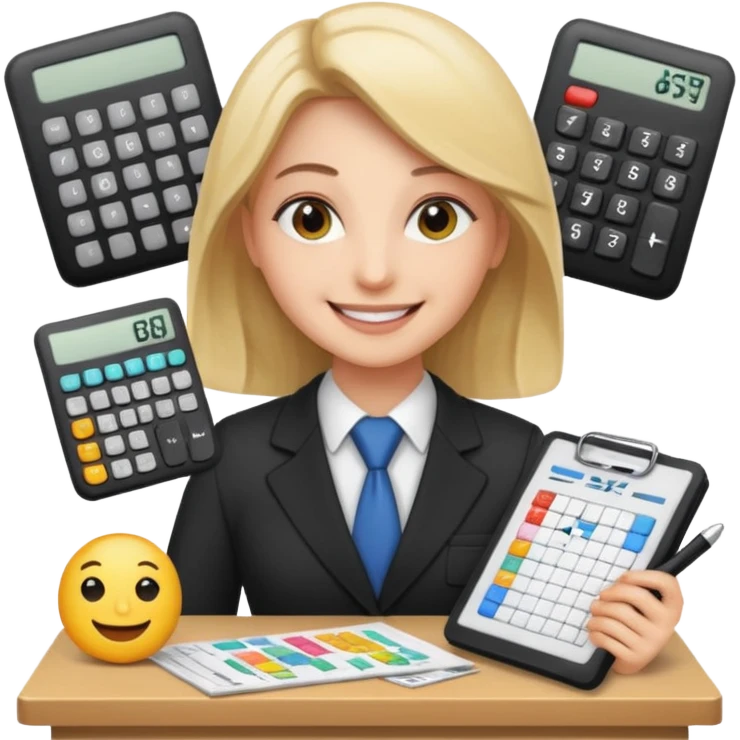 aUDITOR smiling with spreadsheet and a calculator, emoji, ADD A puzzle and a Balance for accounting emoji