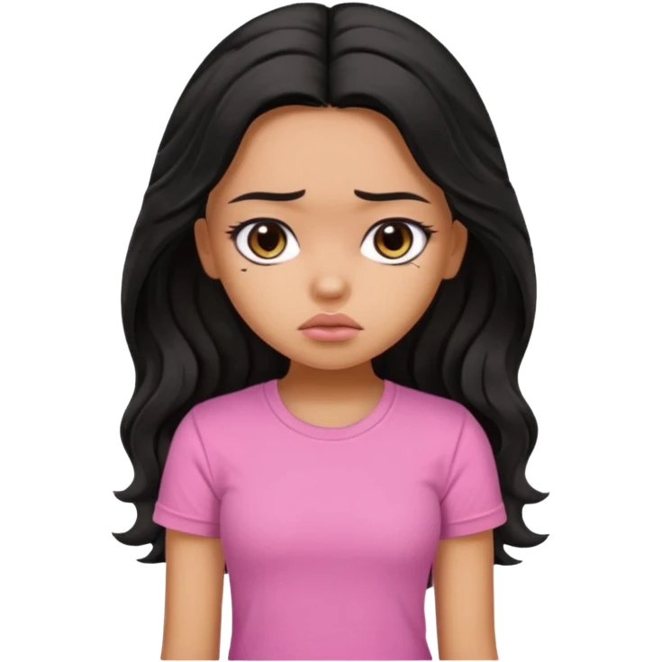 a pretty bratz girl with long wavy black hair, wearing a pink tshirt. looking sad emoji