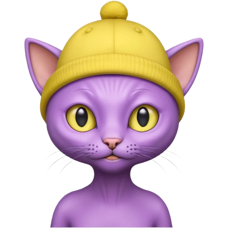 purple alien cat with no fur and yellow hat emoji