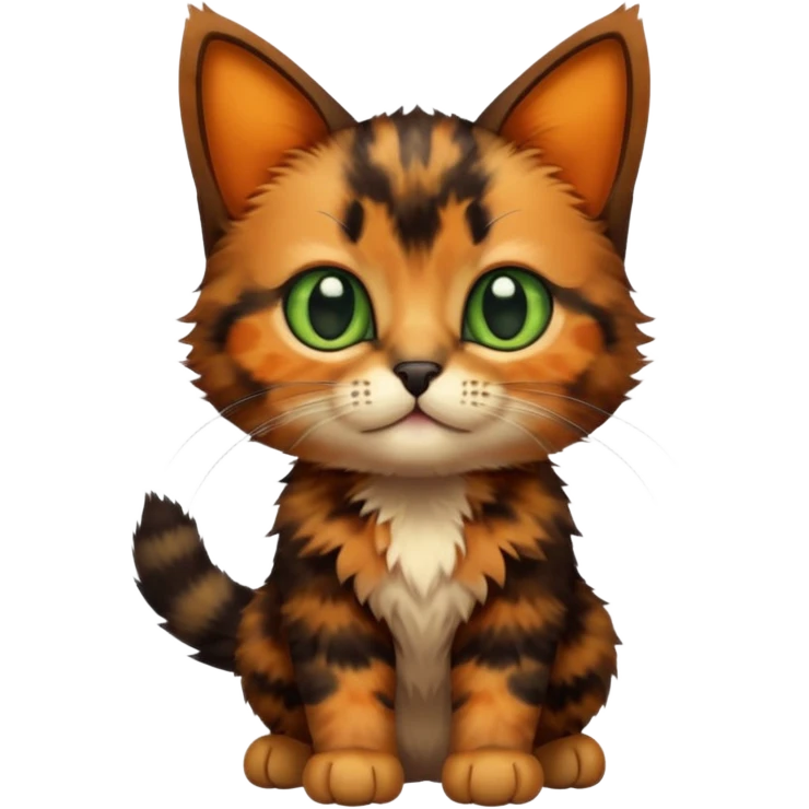 A high-resolution photo-realistic digital illustration of a brown multicoloured  tortoiseshell cat kitten, chest upward (no white) emoji