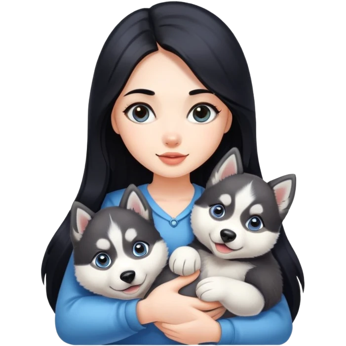 beautiful girl with long black hair holding a cute husky puppy emoji