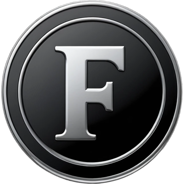Emoji icon of a black coin with engraved letter F, minimalist style, isolated, only black color emoji