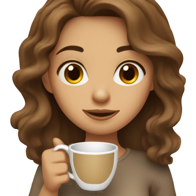 Wavy brown hair girl drinking coffee in a beige cup emoji