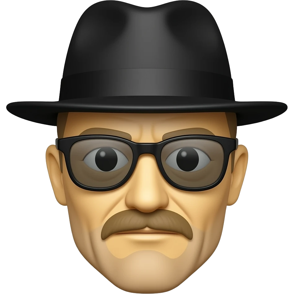 Very Yellow like a classic emoji, Heisenberg as a face emoji, with the black flat hat, while bald, with sunglasses emoji