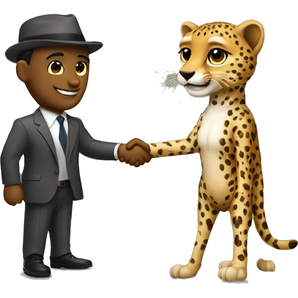 A cheetah in a classic suit shakes hands with a man  emoji