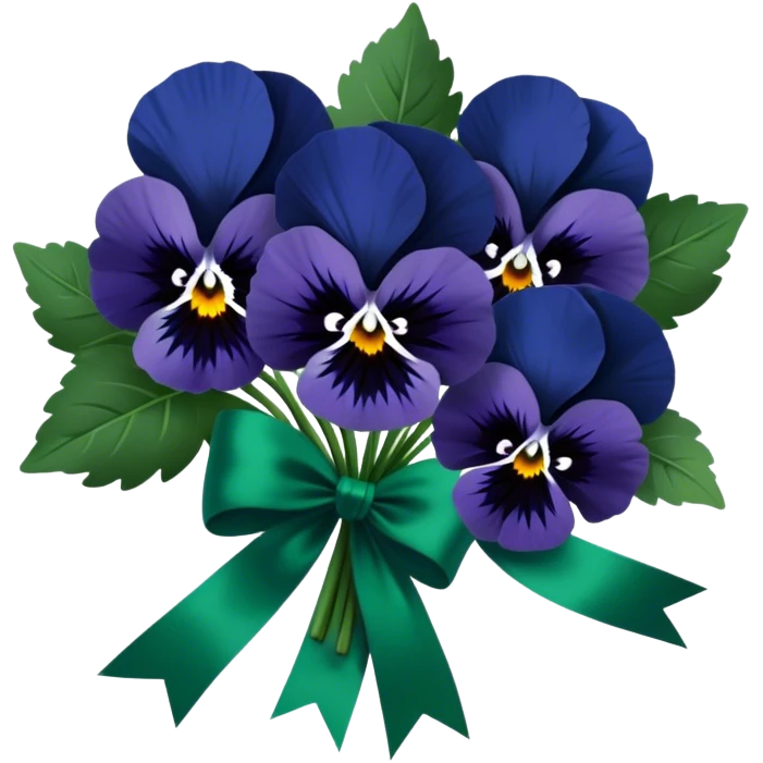 A gracefully arranged bouquet of navy blue pansies, tied with an elegant emerald green satin ribbon. emoji
