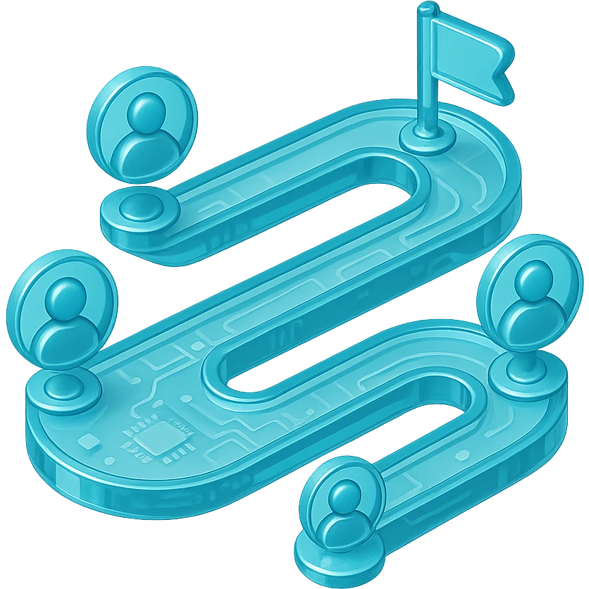 Flat icon of a winding path with user avatars and milestones, cyan blue emoji