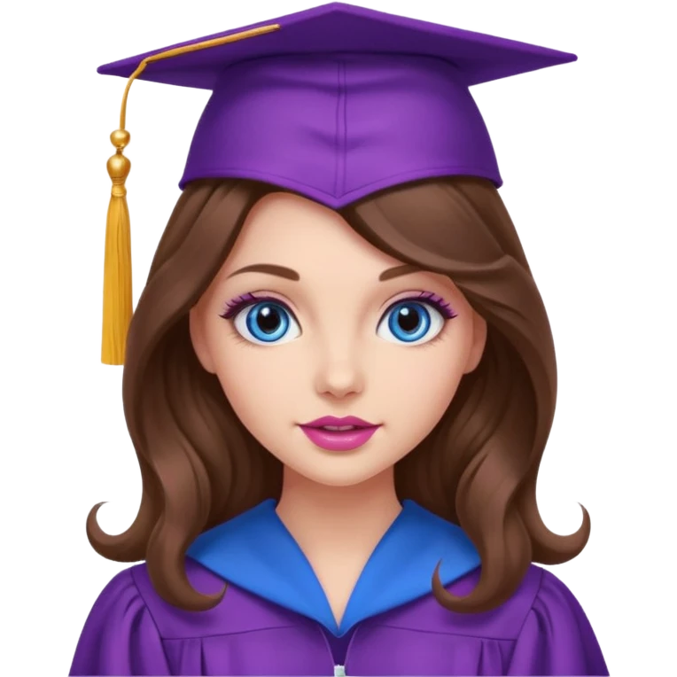 girl with gorgeous curled long brown hair, blue eyes, long lashes makeup, sexy pink lips, wearing a purple graduation cap and gown emoji
