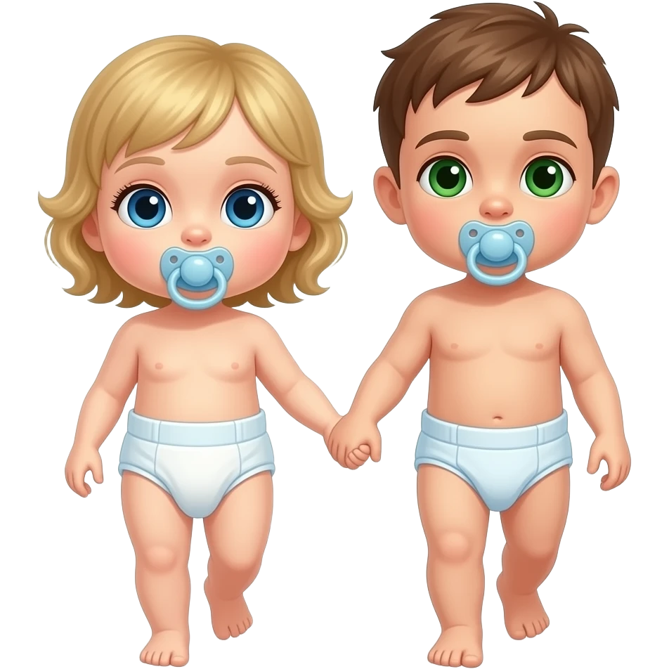 A blue-eyed baby girl and green-eyed baby boy walking and holding handsand wearing a cloth diaper sucking on pacifier emoji