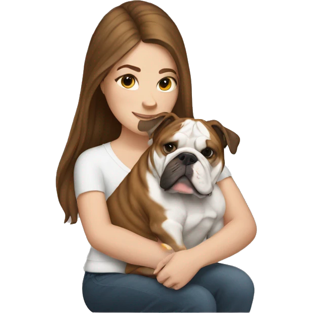 White girl with brown hair holding English bulldog emoji