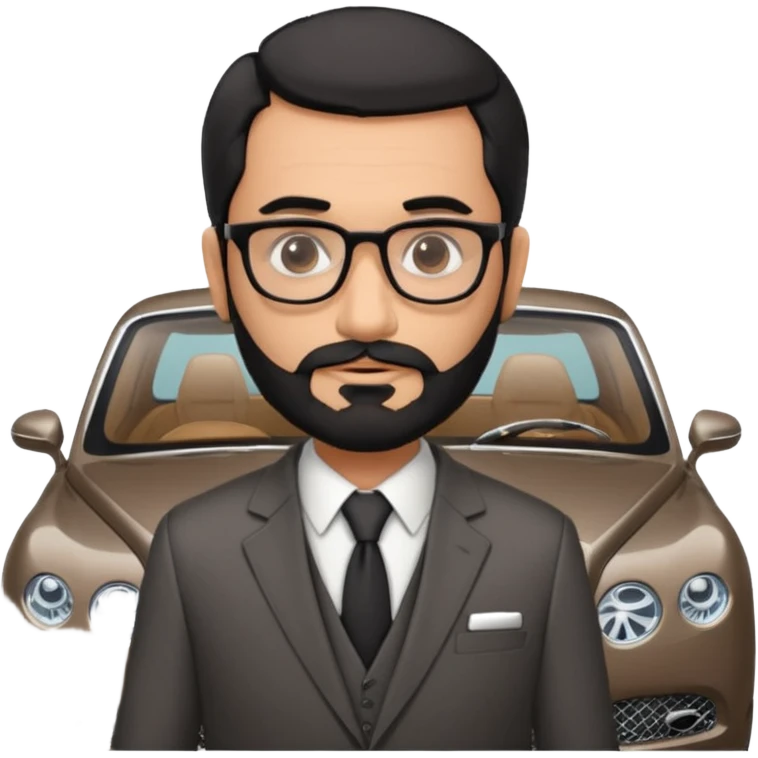Professor Bentley Dyed black gray hair  frencb beard graying indian guy in suit with a bentley car. Older look with glasses slight balding emoji
