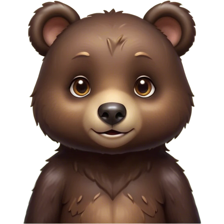 Cinematic Cute bear cub Portrait Emoji, Head tilted playfully and inquisitively, featuring a glossy dark brown fur with a natural sheen and round, sparkling eyes filled with gentle curiosity, Simplified yet irresistibly adorable features, highly detailed, glowing with a warm, friendly glow, high shine, affectionate and mighty, stylized with a touch of woodland whimsy, bright and endearing, soft glowing outline, capturing the essence of a mischievous yet loving bear cub, so playful it feels like it could amble out of the screen and into your arms! emoji