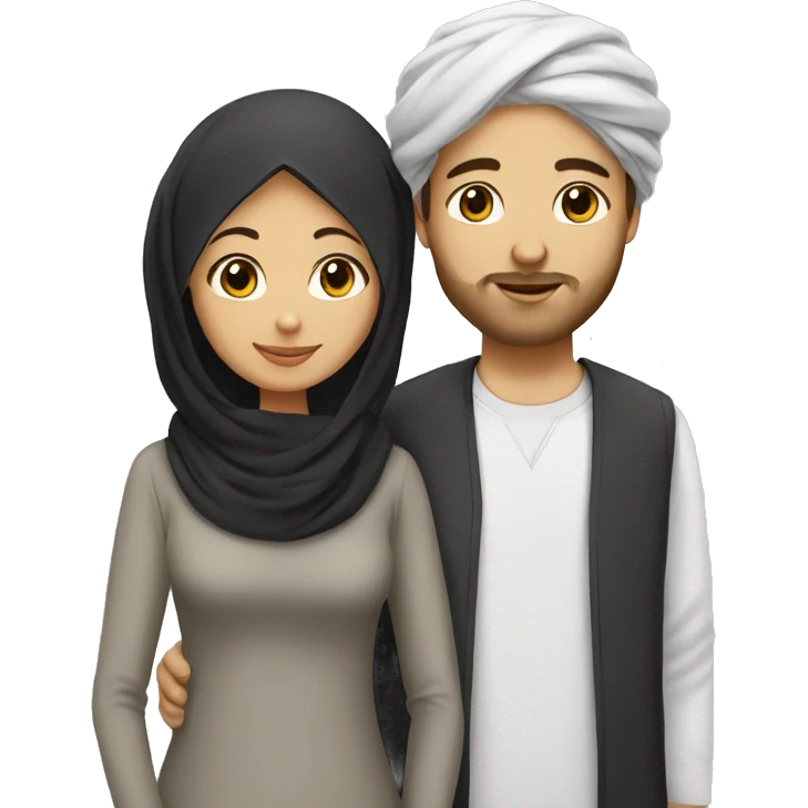 Woman wear hijab with her white husband black curly hairs without a beard emoji