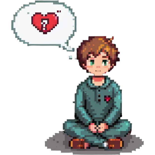 boy sitting, looking thoughtful, with a thought bubble containing a heart and question mark emoji