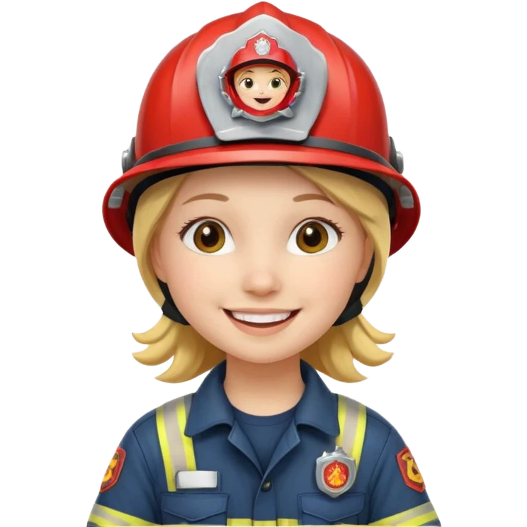 Young girl, firefighter helmet, smiling brightly emoji