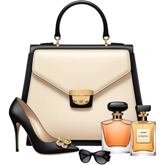 A photorealistic icon featuring stylish fashion accessories like high heels, a designer handbag, sunglasses, and a perfume bottle, arranged elegantly. Soft, luxurious colors with detailed textures and lighting that convey beauty and style. Transparent background, symbolizing fashion and beauty. emoji