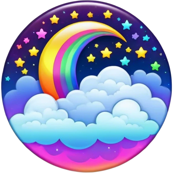 Beveled button with Neon rainbow colored damask style full moon with stars and clouds in the center emoji