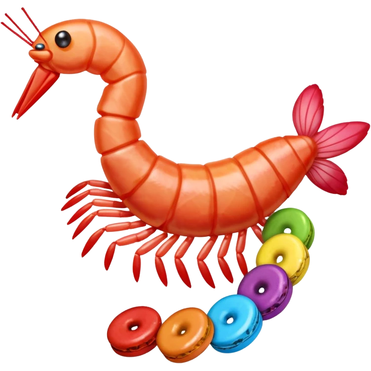 Shrimp made from candy like smarties, skittles, mars bar, nerds colorful emoji