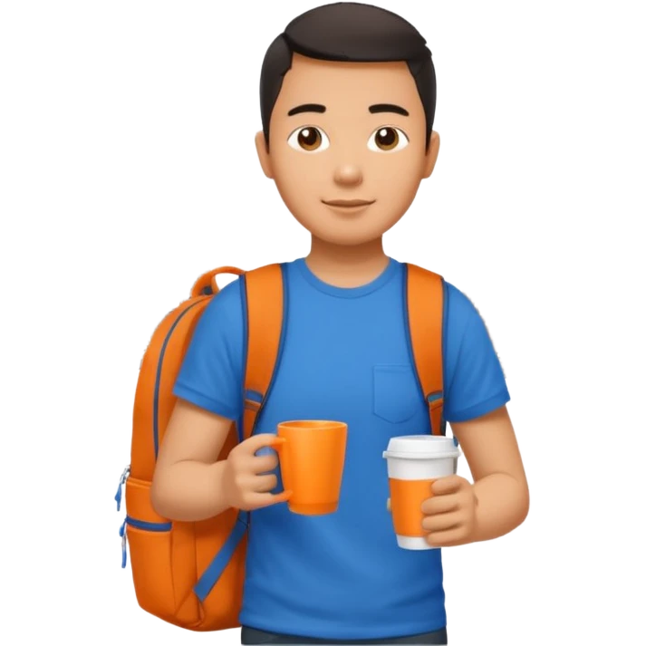 an asian man in blue t-shirt with orange cup of coffee and backpack on the back. Eiffel tower on the background. shoulder length picture emoji