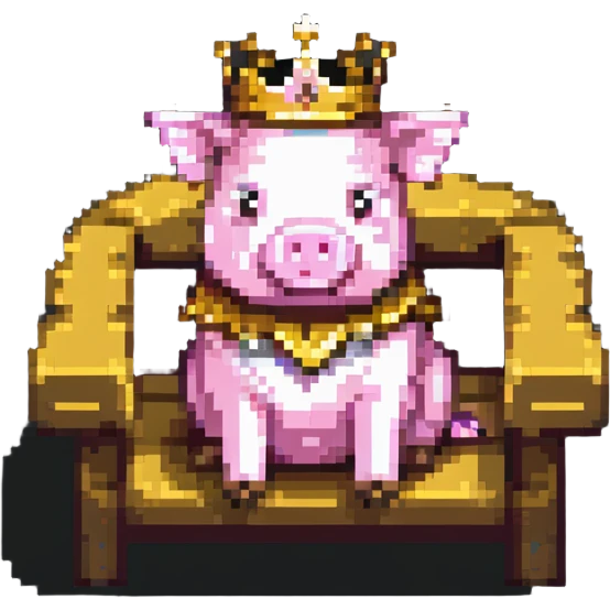 simple ultra-low pixel count pixel art of a pig with a golden crown sitting on a throne, blocky and square like Minecraft emoji