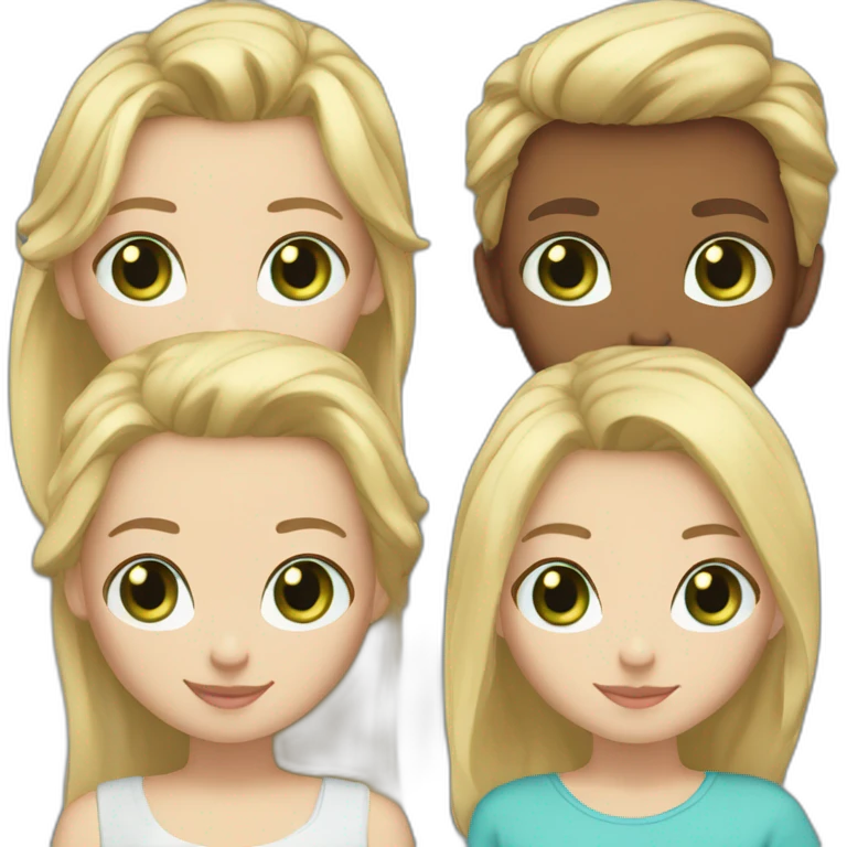2 boys blonde hair blue eyes 2 girls blond hair blue eyes one man blond hair blue eyes one woman brown hair green eyes, white skin emoji