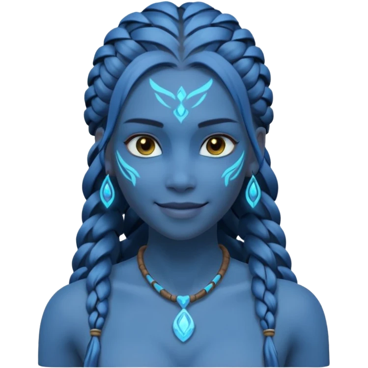 avatar-style Na’vi female portrait, head and shoulders only, blue skin, glowing bioluminescent markings, long braided hair, subtle tribal jewelry, confident smile, 3D cartoon, mobile game icon style, clean background, no text, no watermark
 emoji