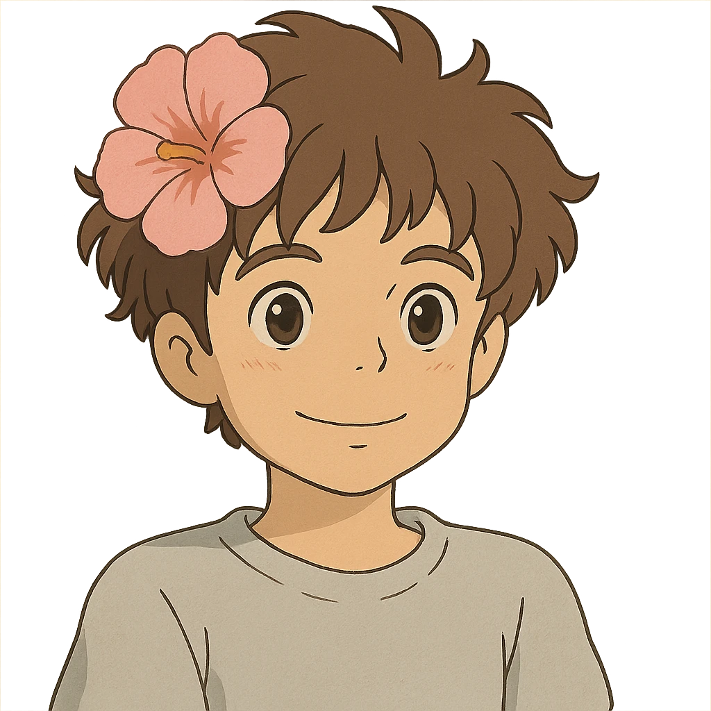 a boy with fluffy, wavy short hair and brown eyes, wearing a light grey t-shirt and a light pink flower on his head, ghibli style emoji